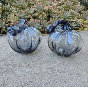 BRAND NEW PIER1 GREY GLASS PUMPKIN DECORATIONS SET OF 2